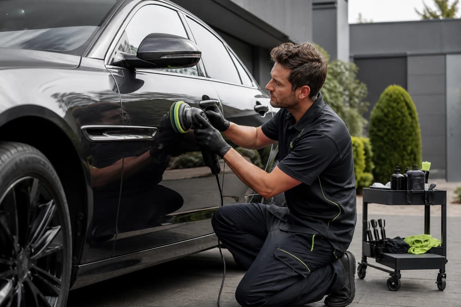 Car detailing professional at work
