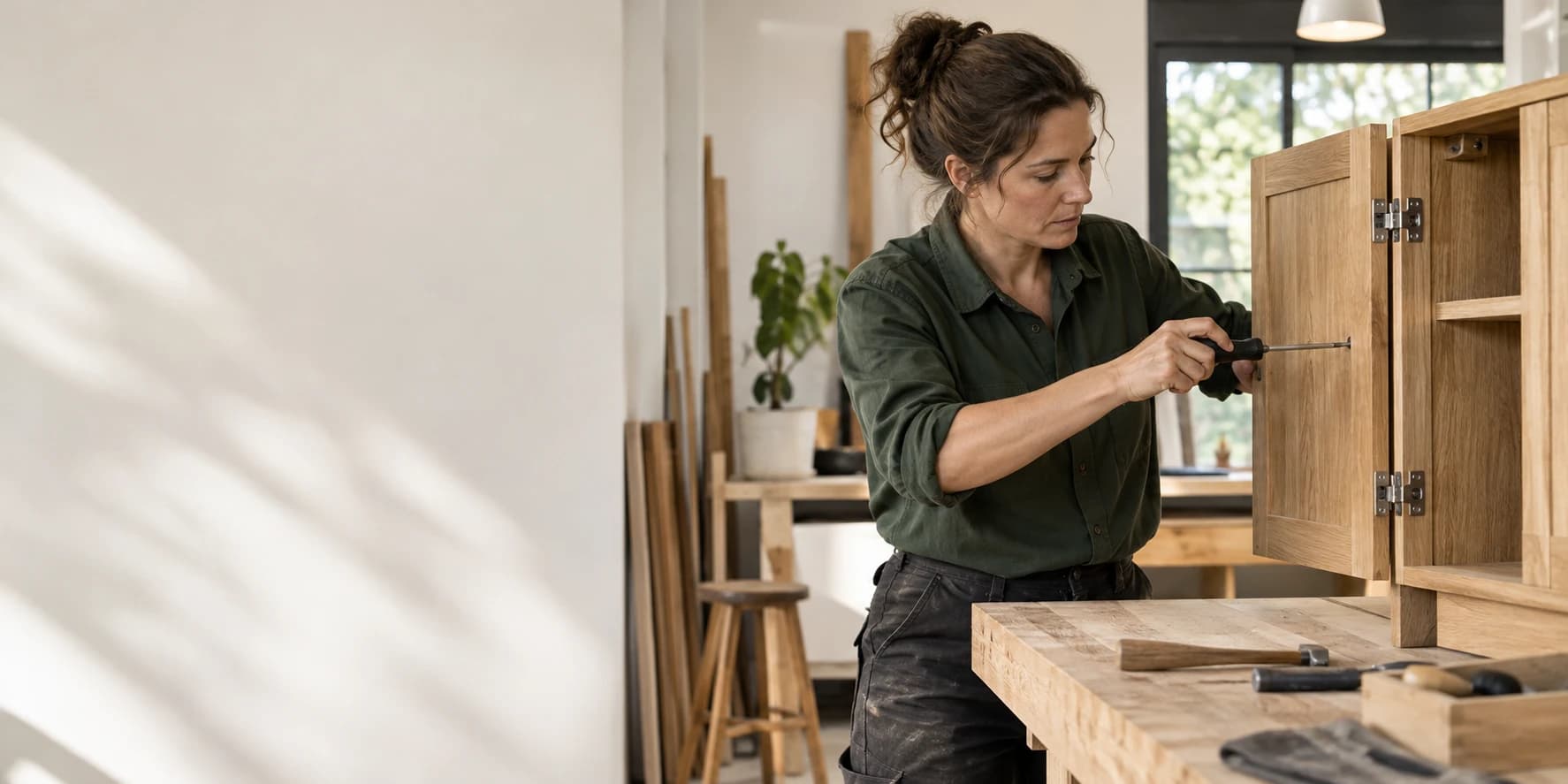 A craftsperson adjusting an oak cupboard in a sunlit workshop