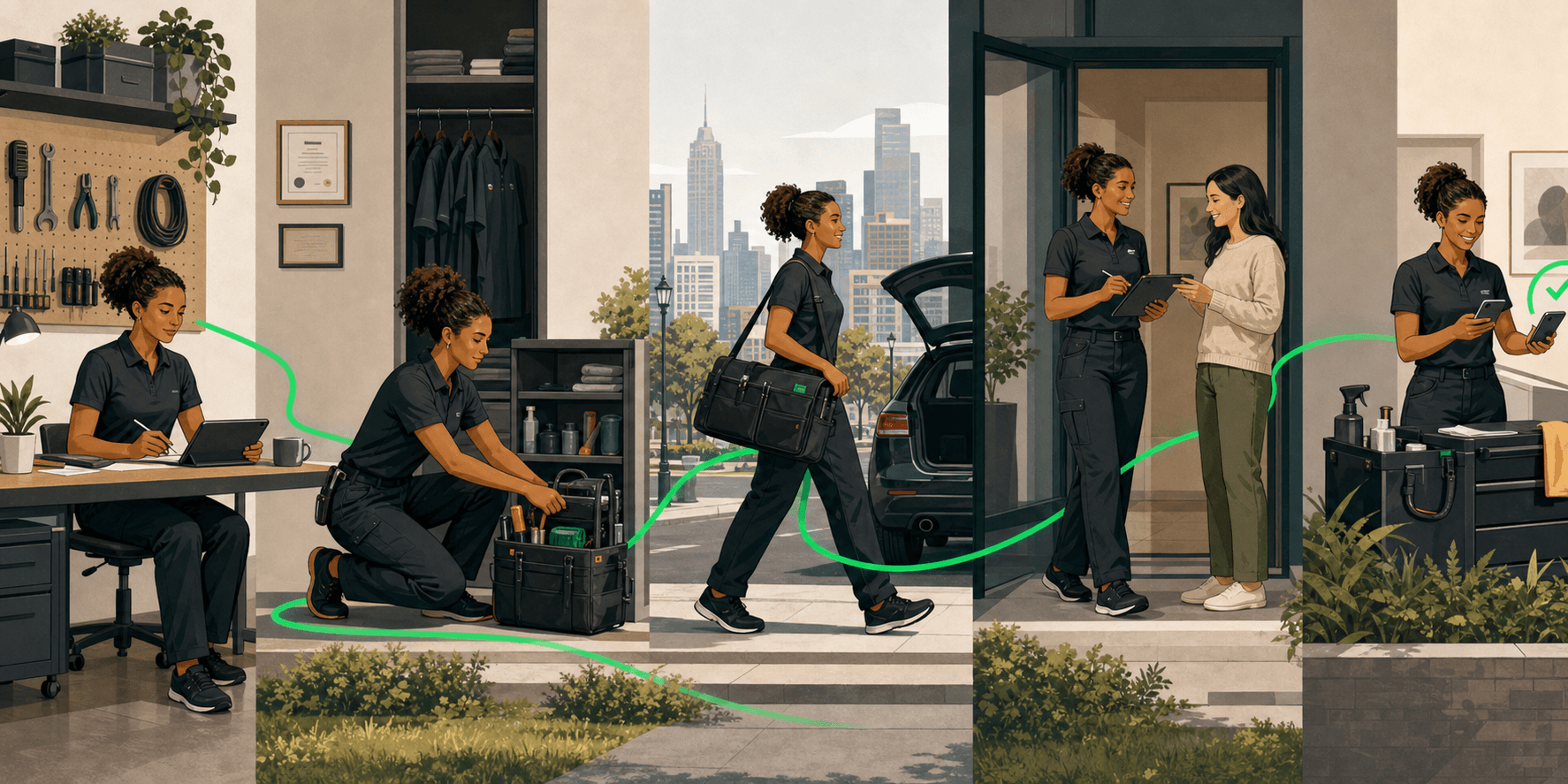 A XIONA expert plans the day, prepares equipment, travels to the service and completes the client handoff