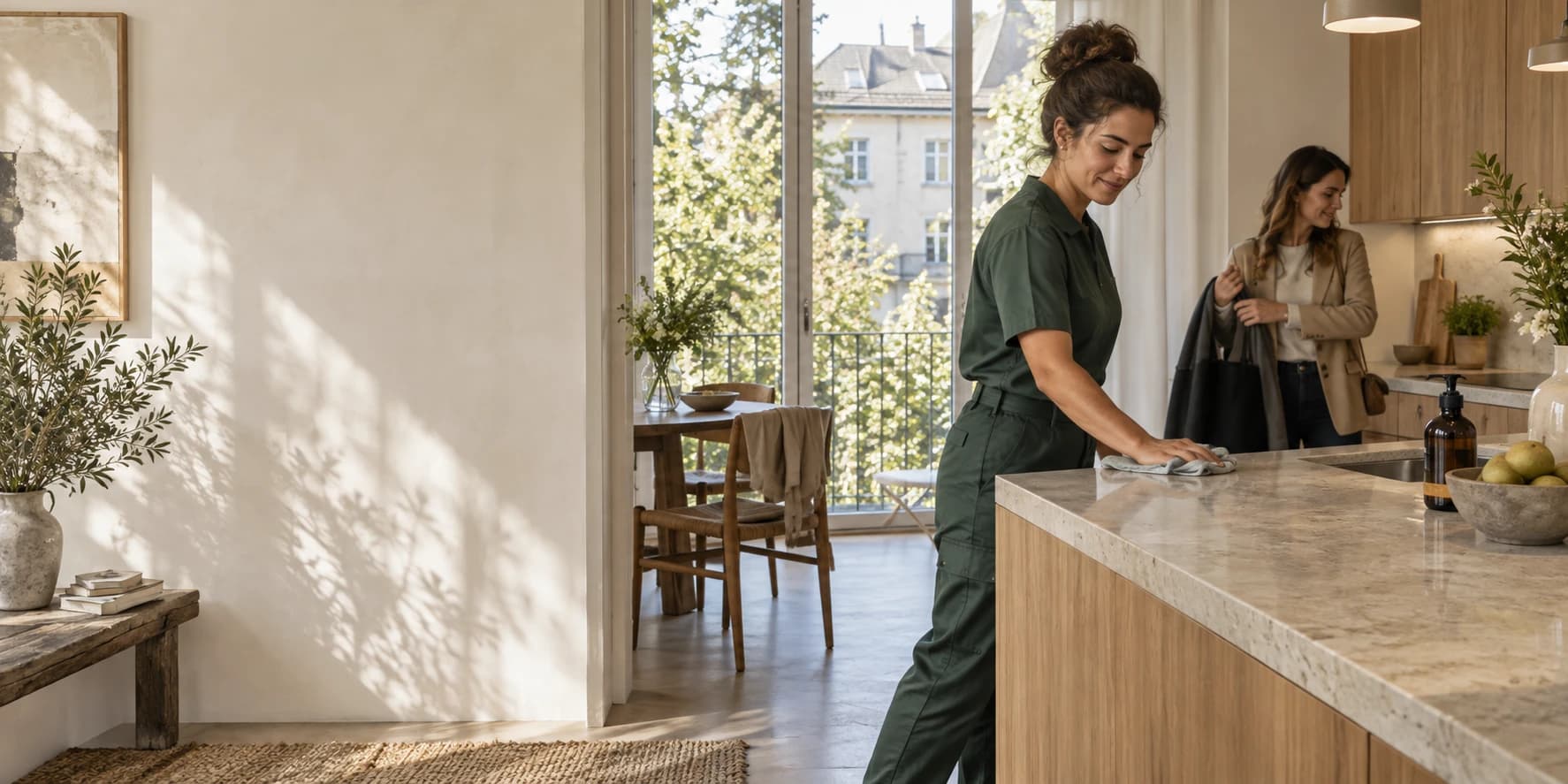 A professional finishing a kitchen clean while the homeowner prepares to leave