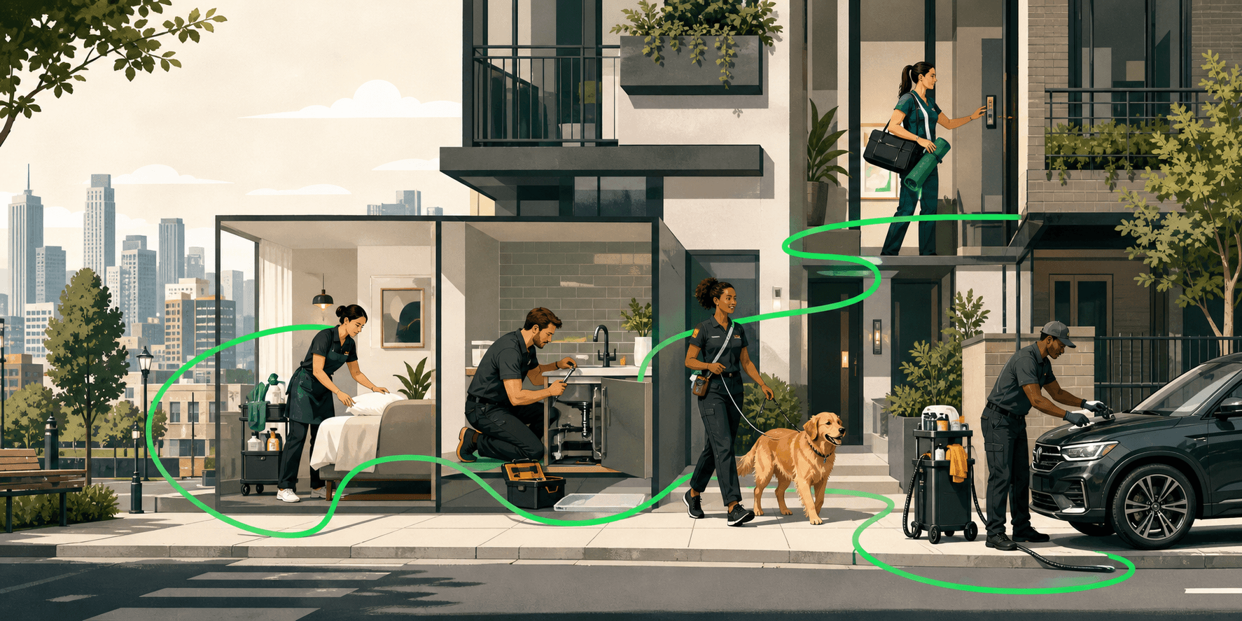 An illustrated XIONA neighborhood where cleaning, repair, pet care, wellness and car care are connected in one service network