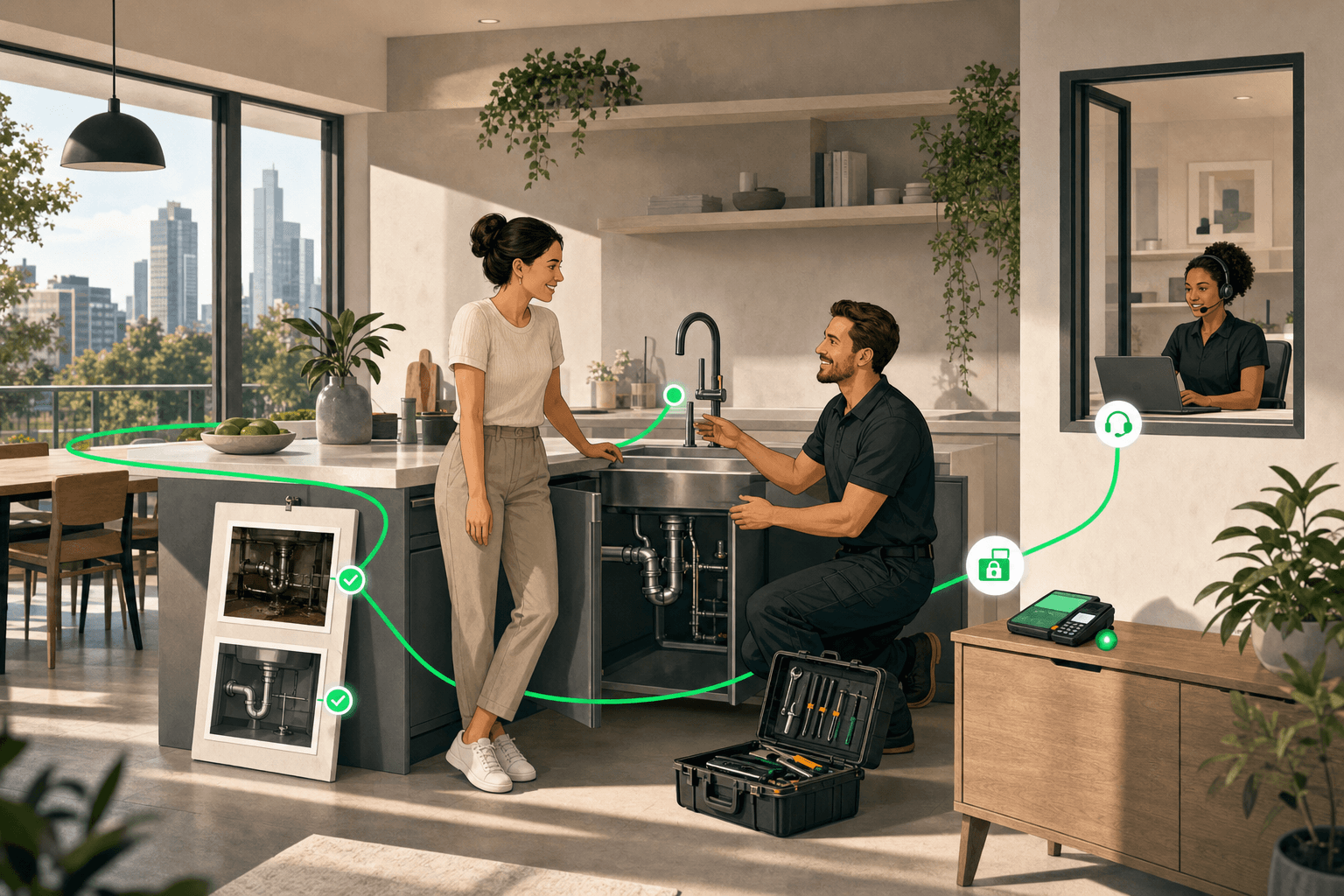 A XIONA expert and customer verify a completed repair with the service evidence, protected payment and support connected