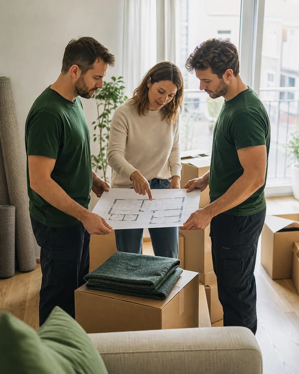 A customer and two professionals reviewing a plan beside moving boxes
